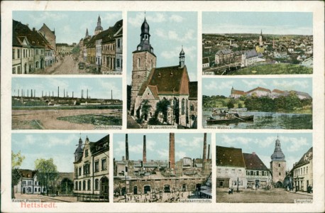 Alte Ansichtskarte Hettstedt, Mehrbildkarte mit Marktplatz, Gottesbelohnung, Postamt, Kupferkammerhütte