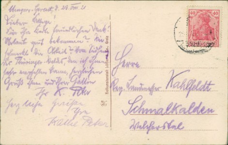 Adressseite der Ansichtskarte Frankenblick-Mengersgereuth, Bahnhofshotel Mengersgereuth, S.-M., Besitzer A. Ehrhardt