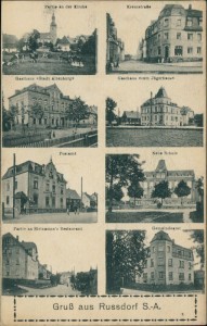 Alte Ansichtskarte Limbach-Oberfrohna-Rußdorf, Mehrbildkarte mit Kreuzstraße, Postamt und Stelzmann's Restaurant