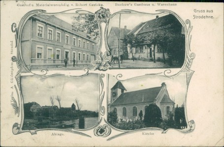 Alte Ansichtskarte Havelaue-Strodehne (Rhinow), Gasthof u. Materialwarenhdlg. v. Robert Gericke, Buchow's Gasthaus u. Warenhaus, Ablage, Kirche