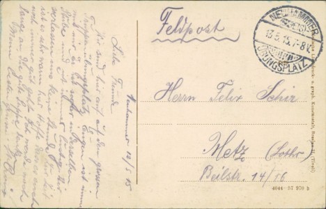 Adressseite der Ansichtskarte Neuhammer am Queis / Świętoszów, Kaiserliches Postamt (rechts), Handlung von Otto Altmann Schuhmachermeister (links)
