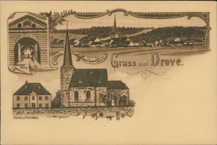 Alte Ansichtskarte Kreuzau-Drove, Drover Burg, Total-Ansicht, Kirche u. Pfarrhaus