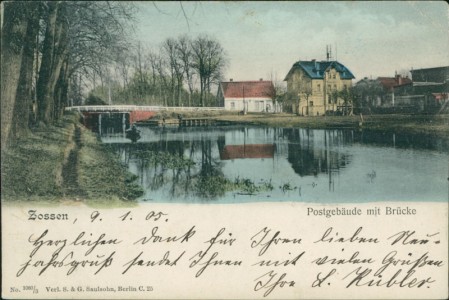 Alte Ansichtskarte Zossen, Postgebäude mit Brücke