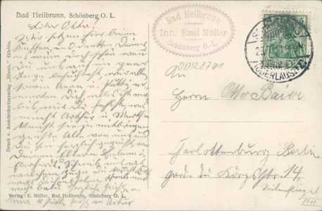 Adressseite der Ansichtskarte Schönberg (Oberlausitz) / Sulików, Bad Heilbrunn, Inh. Emil Müller