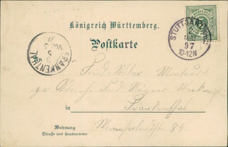 Adressseite der Ansichtskarte Stuttgart, Saalbau und Garten der Brauerei Dinkelacker