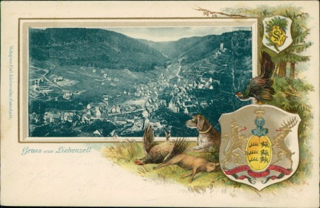 Alte Ansichtskarte Bad Liebenzell, Gesamtansicht, Wappen, Dackel, Wild