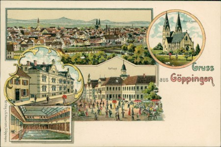 Alte Ansichtskarte Göppingen, Gesamtansicht, Schwimmbad, Rathaus, Oberhof Kirche