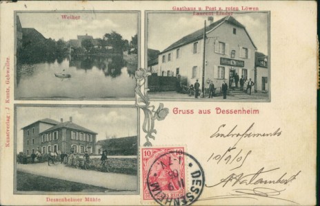 Alte Ansichtskarte Dessenheim, Weiher, Gasthaus u. Post z. roten Löwen Laurent Linder, Dessenheimer Mühle