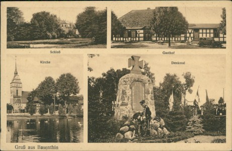 Alte Ansichtskarte Basenthin / Bodzęcin, Schloß, Gasthof, Kirche, Denkmal