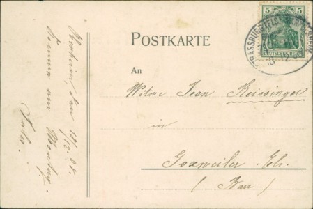 Adressseite der Ansichtskarte Obenheim, Kaiserl. Postagentur und Consumgeschäft von Ph. Mack, Wirtschaft zu den 2 Schlüsseln Inhaber Jules Hanssler (état!)