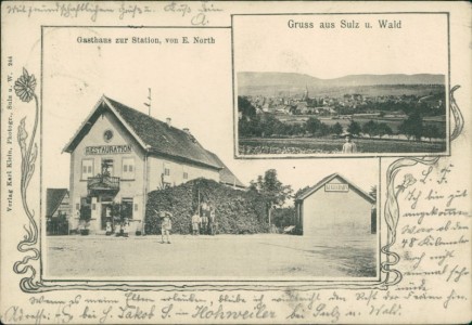 Alte Ansichtskarte Sulz unterm Wald / Soultz-sous-Forêts, Gasthaus zur Station, von E. North