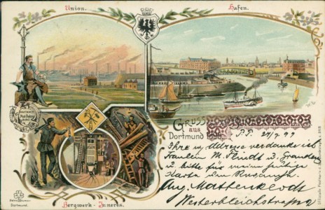 Alte Ansichtskarte Dortmund, Union, Hafen, Bergwerk-Inneres, Zudruck Gruss vom XV. Bundestag d. D.R.B. Dortmund 1898