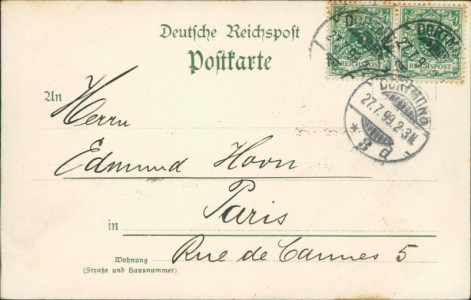 Adressseite der Ansichtskarte Dortmund, Union, Hafen, Bergwerk-Inneres, Zudruck Gruss vom XV. Bundestag d. D.R.B. Dortmund 1898