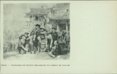 Alte Ansichtskarte China / Chine, Bateliers de canton regardant un combat de cailles
