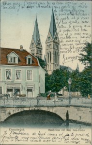Alte Ansichtskarte Osnabrück, Hasebrücke mit Herz Jesu-Kirche