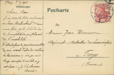 Adressseite der Ansichtskarte Pforzheim, Hôtel Post, Bes.: A. Pape