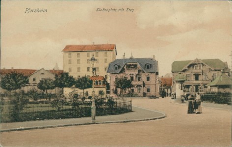 Alte Ansichtskarte Pforzheim, Lindenplatz mit Steg