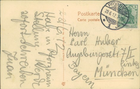 Adressseite der Ansichtskarte Pforzheim, von der Wilhelmshöhe aus gesehen