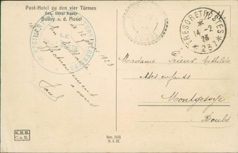 Adressseite der Ansichtskarte Bullay a. d. Mosel, Post-Hotel zu den vier Türmen, Bes. Ernst Bauer