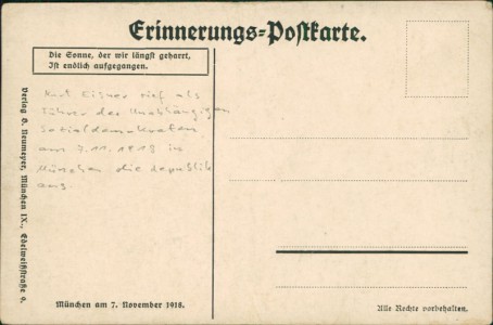 Adressseite der Ansichtskarte München am 7. November 1918, Anmerkung: Kurt Eisner ruft am 7. November 1918 den Frei­staat Bayern aus