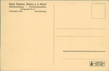 Adressseite der Ansichtskarte Bullay a. d. Mosel, Hotel Andries, Speisesaal