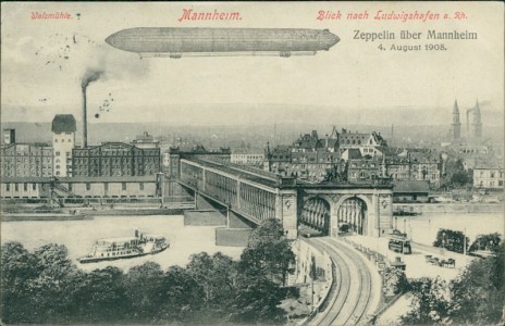Alte Ansichtskarte Mannheim, Zeppelin über Mannheim, Walzmühle, Blick nach Ludwigshafen