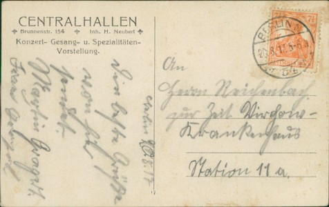 Adressseite der Ansichtskarte Berlin, Centralhallen, Brunnenstr. 154. Inh. H. Neubert. Konzert- Gesang- u. Spezialitäten-Vorstellung