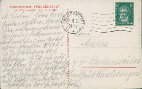 Adressseite der Ansichtskarte Freudenstadt, Gesamtansicht, Gasthof u. Pension Murgtäler Hof