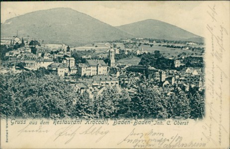 Alte Ansichtskarte Baden-Baden, Teilansicht mit Zudruck "Gruss aus dem Restaurant Krocodil, Inh. C. Oberst"
