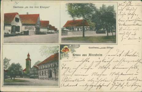 Alte Ansichtskarte Neuried-Altenheim, Gasthaus "zu den drei Königen", Gasthaus "zum Pflug", Teilansicht mit Kirche