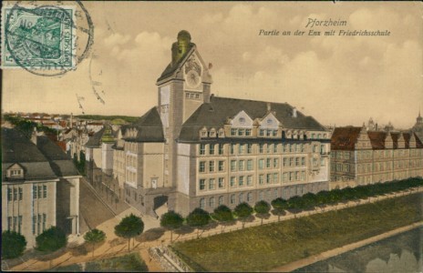 Alte Ansichtskarte Pforzheim, Partie an der Enz mit Friedrichsschule