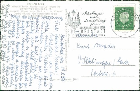 Adressseite der Ansichtskarte Freudenstadt-Lauterbad, Pension Dürr, VW Käfer