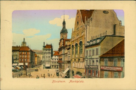Alte Ansichtskarte Pforzheim, Marktplatz, rückseitig Stempel "Wandersportfest süddeutscher Gaue V-IX D. R.-B. Pforzheim, 6. 8. Juli 1912"