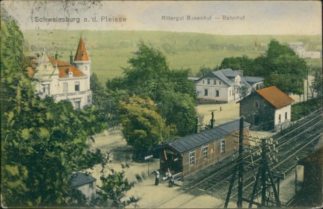 Alte Ansichtskarte Schweinsburg a. d. Pleisse, Rittergut Bosenhof - Bahnhof