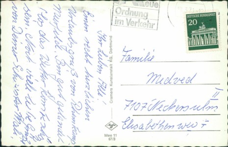 Adressseite der Ansichtskarte Moers-Rheinkamp-Meerbeck, Bismarckstraße, VW Käfer