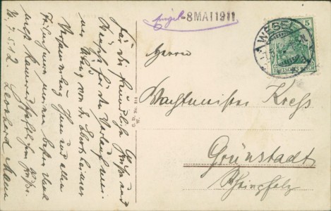 Adressseite der Ansichtskarte Wesel, Kaserne Artillerie-Reg. Nr. 43 (Wachtgebäude)