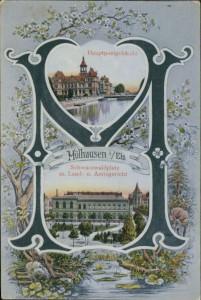 Alte Ansichtskarte Mülhausen / Mulhouse, Hauptpostgebäude, Schwarzwaldplatz m. Land- u. Amtsgericht