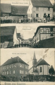Alte Ansichtskarte Lupstein, Wirtschaft Xaver Linder, Hauptstrasse, Kirche und Pfarrhaus