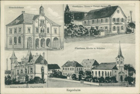 Alte Ansichtskarte Kogenheim, Gemeindehaus, Gasthaus z. Krone v. Theod. Jaenger, Schloss Bruckenau. Papierfabrik, Pfarrhaus, Kirche u. Schulen