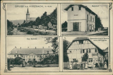 Alte Ansichtskarte Hirtzbach, Bahnhof, Schloß, Spezereihandlung u. Bäckerei Isidore Weinzaepflen