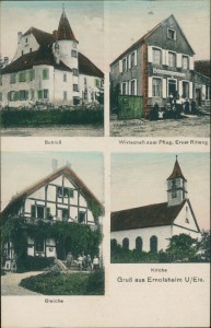 Alte Ansichtskarte Ernolsheim, Schloß, Wirtschaft zum Pflug, Ernst Ritleng, Bleiche, Kirche