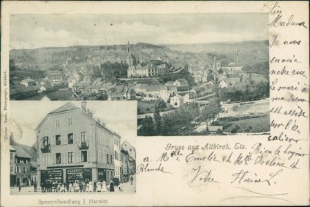 Alte Ansichtskarte Altkirch, Totalansicht, Spezereihandlung J. Harnist