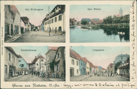 Alte Ansichtskarte Rixheim, Alte Weihergasse, Alter Weiher, Bahnhofstrasse, Langegasse