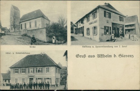 Alte Ansichtskarte Uffheim, Kirche, Gasthaus u. Spezereihandlung von J. Soret, Schul- u. Gemeindehaus