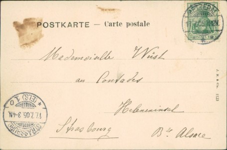 Adressseite der Ansichtskarte Mittlach, Hotel zur Glockenblume, Jean Staehly