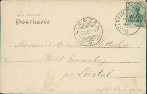 Adressseite der Ansichtskarte Blotzheim, Totalansicht, Wallfahrts-Kapelle, Restauration Rein (état: coupé)