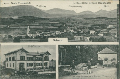 Alte Ansichtskarte Salzern / Saulxures, Gesamtansicht, Zollhaus, Grenze, Strasse nach Senones, Frankreich