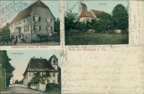 Alte Ansichtskarte Hundsbach, Restauration Wwe. M. Fimbel, Kirche, Pfarrhaus