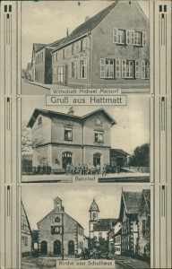 Alte Ansichtskarte Hattmatt, Wirtschaft Michael Martzolf, Bahnhof, Kirche und Schulhaus