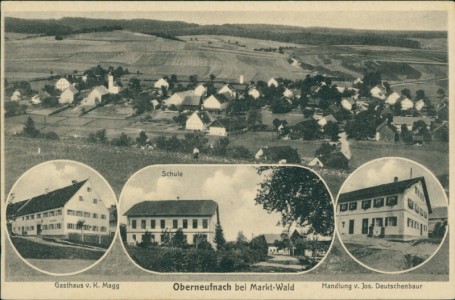 Alte Ansichtskarte Markt Wald-Oberneufnach, Gesamtansicht, Gasthaus v. K. Magg, Schule, Handlung v. Jos. Deutschenbaur